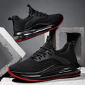 Men's black mesh running shoes with low top, round toe, and lace-up design on rubber sole
