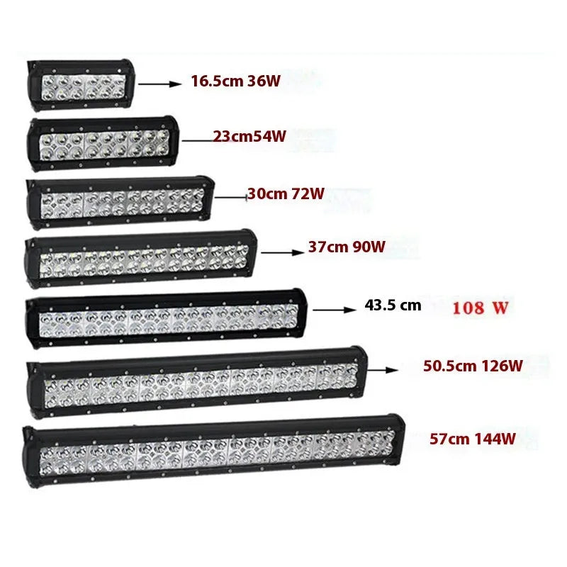Black aluminium alloy double row LED strip light for off-road truck and agricultural machinery use.