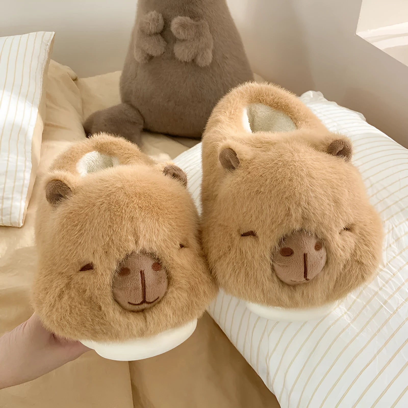 Light brown women's winter slippers with plush upper and artificial wool lining