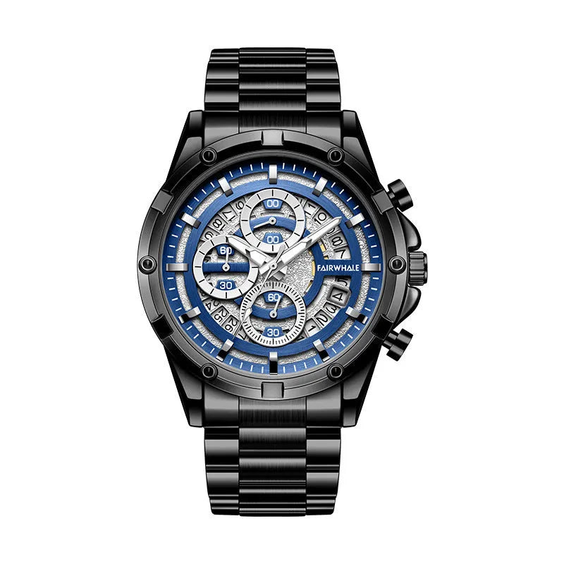 Men's waterproof luminous casual quartz watch with a steel belt, shown in black and blue, black and gold, and silver and white colour options.