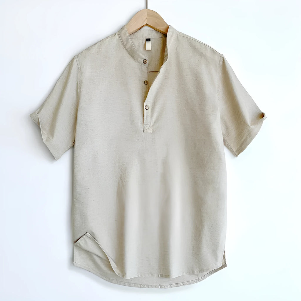 Men's solid colour short sleeve t-shirt in a cotton linen fabric blend on a hanger.