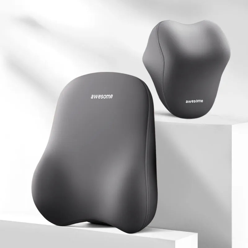 Automotive headrest and lumbar support pillow set with memory foam filler in three colour options