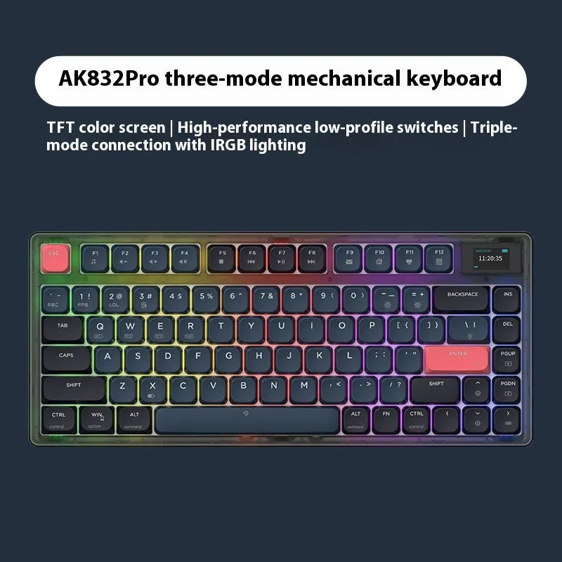 AJAZZ AK832PRO mechanical keyboard with colour screen and green keycaps showing compact 81-key layout