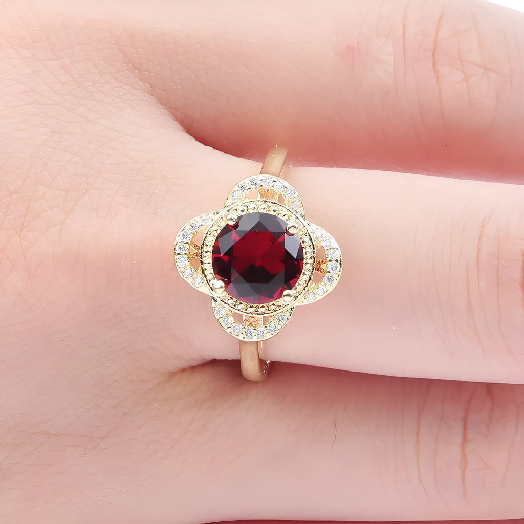 Copper ring with gold-tone electroplated finish featuring zircon stone fruit design