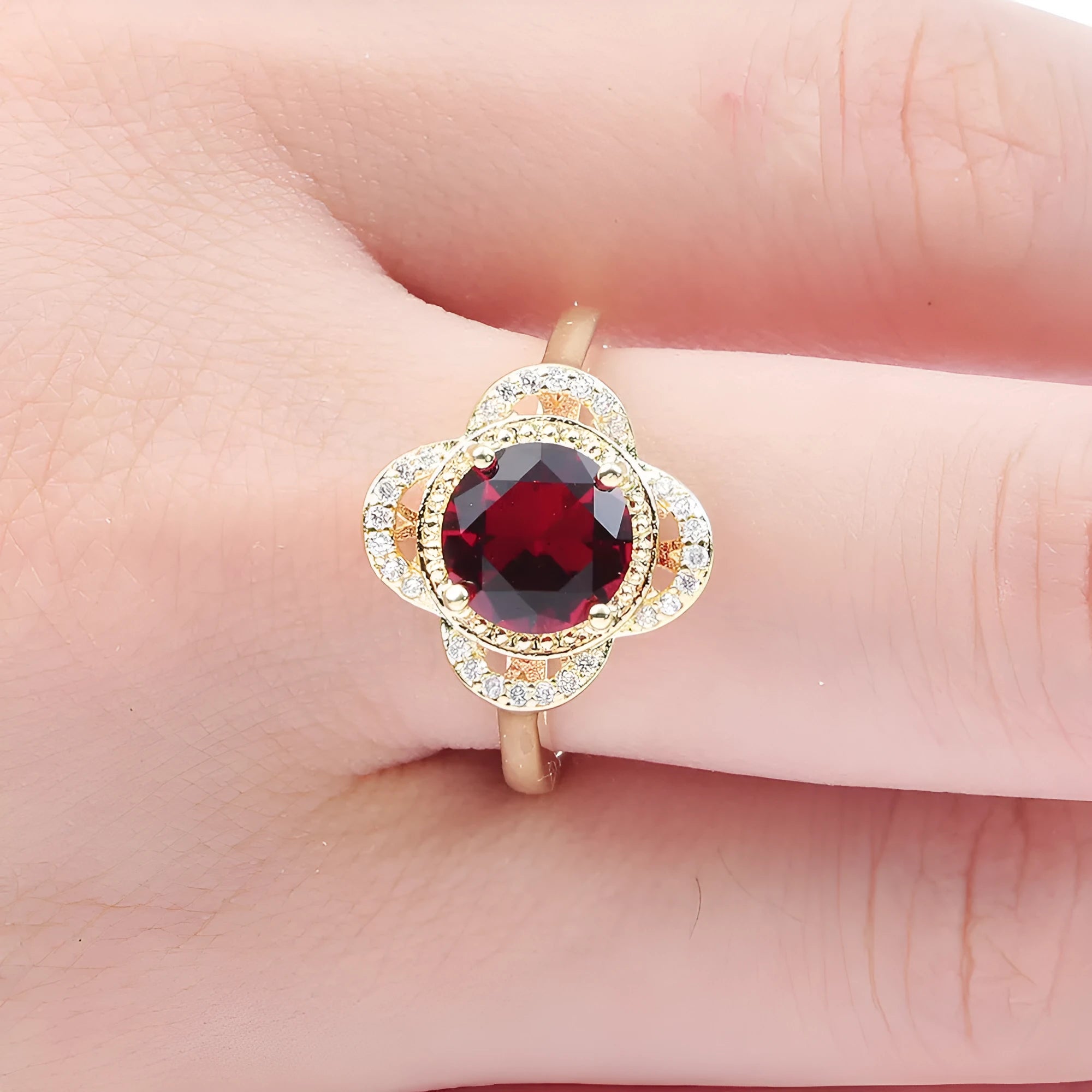 Copper ring with gold-tone electroplated finish featuring zircon stone fruit design