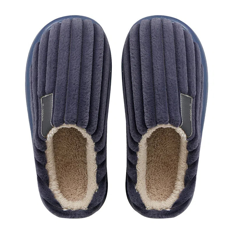 Warm plus-size men's casual slippers with plush upper in striped pattern, available in multiple colours