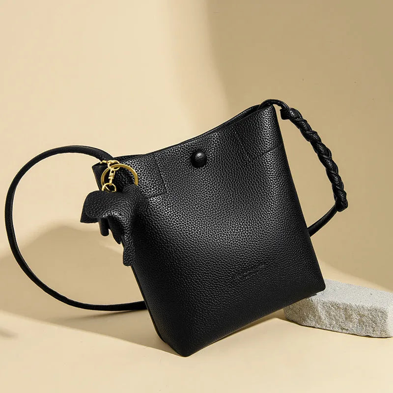 Women's soft genuine leather multilayer phone crossbody bag, square vertical shape, black colour, 20cm height