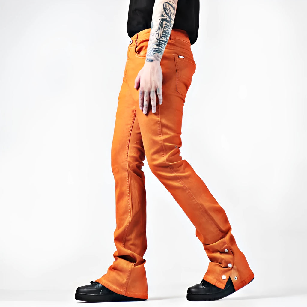 Elastic casual heavy duty flare jeans in cotton stretch denim with multi pockets, mid waist, straight leg, available in green and khaki