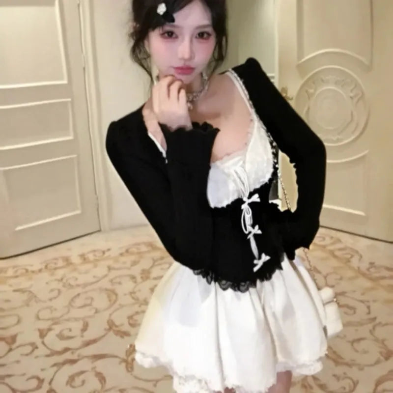 Women's two-piece princess style dress set with lace knitted blouse and suspender skirt in beige