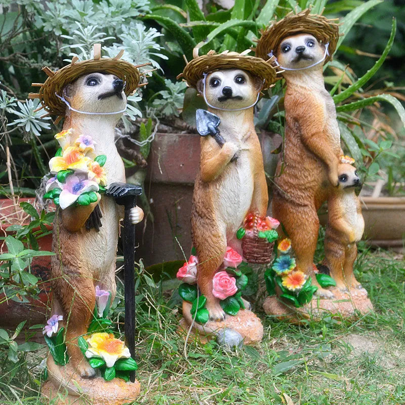 Synthetic resin straw hat mongoose garden ornament for bonsai and craft decoration.