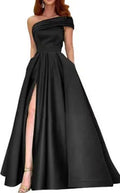 One shoulder satin tulle tutu dress for women, solid colour, long skirt, high waist, short sleeves, available in black, pink, purple, red, green, white, and sapphire blue.