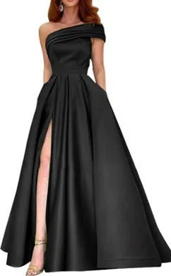 One shoulder satin tulle tutu dress for women, solid colour, long skirt, high waist, short sleeves, available in black, pink, purple, red, green, white, and sapphire blue.