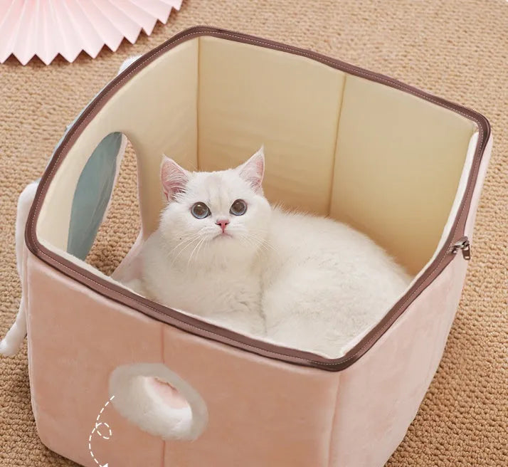 Enclosed cat house villa S size 38x33x41cm with removable washable bed, Tibetan blue curtain option