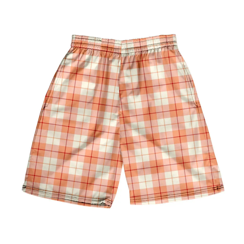 Men's plaid pattern casual shorts with elastic waistband on a plain background.