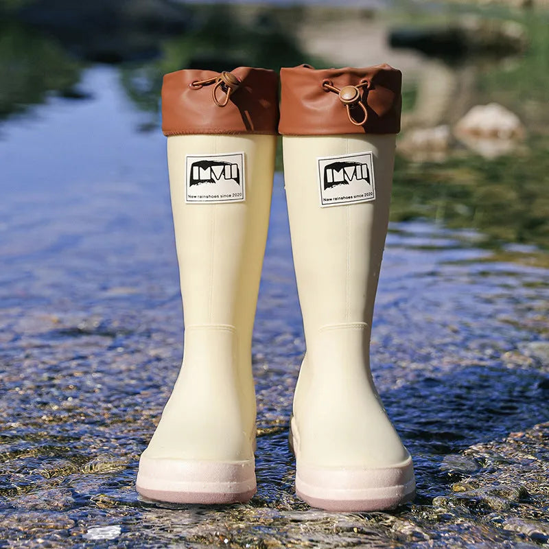Couple Platform high tube waterproof PVC rain boots in black, green, beige, or red colours.