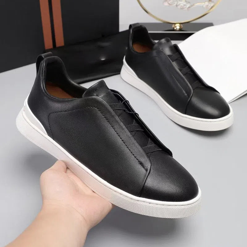 Men's genuine leather cross-strap casual shoes flat heel round toe front lace-up cowhide upper rubber outsole