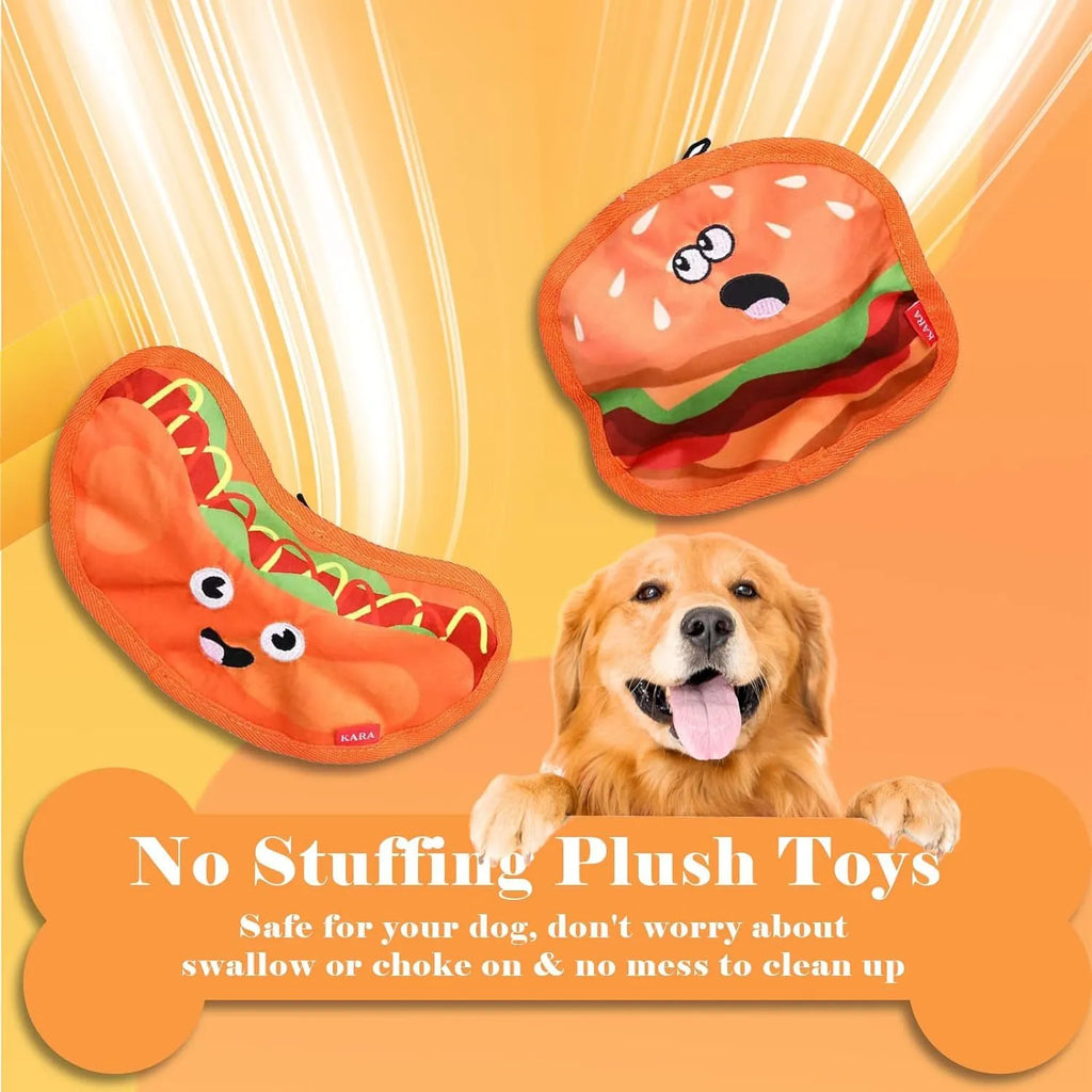 Food-shaped crinkle and squeaky dog toy in hamburger, fries, hot dog, or pizza design for interactive play.