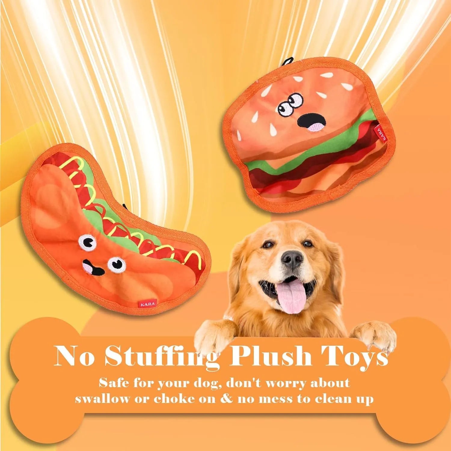 Food-shaped crinkle and squeaky dog toy in hamburger, fries, hot dog, or pizza design for interactive play.