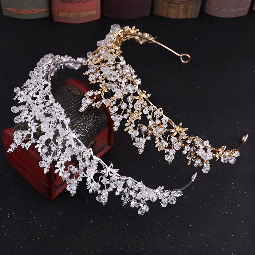 Handmade crystal crown tiara in thick silver finish with white crystals on alloy base