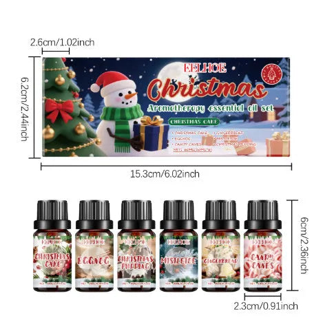 Christmas aromatherapy oil diffuser set showing six 10ml bottles with reed sticks