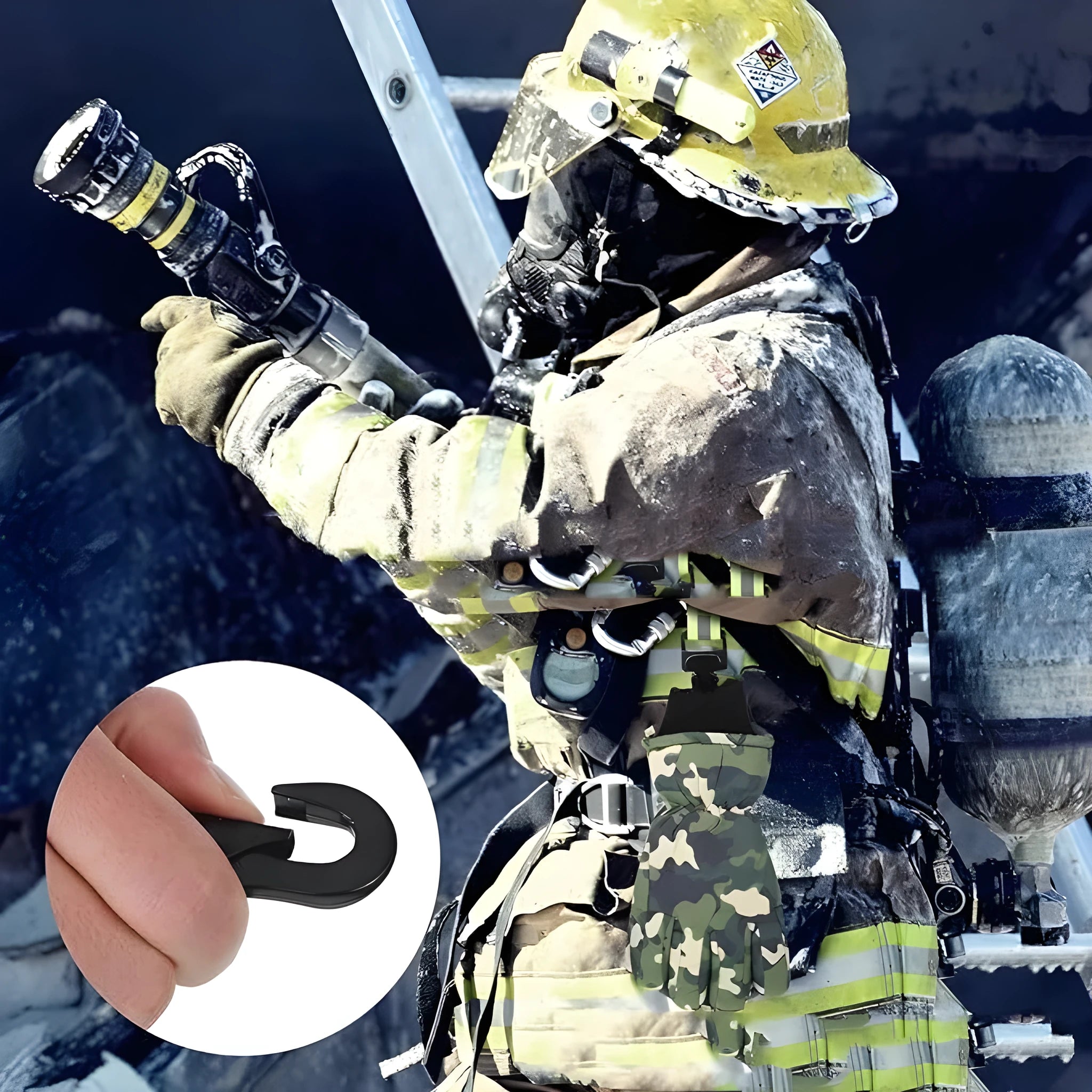 Fluorescent green metal safety clip with buckle for fireman gloves on a reflective nylon lining.