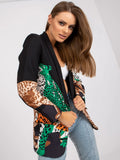 Leopard print contrast colour slim fit long suit jacket for women, 65cm, with pocket, black colour