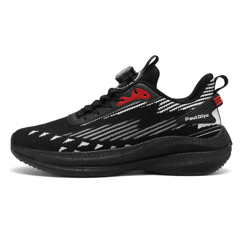 Men's white and green rotating buckle Fly-kit mesh sports shoes with round toe and flat heel design
