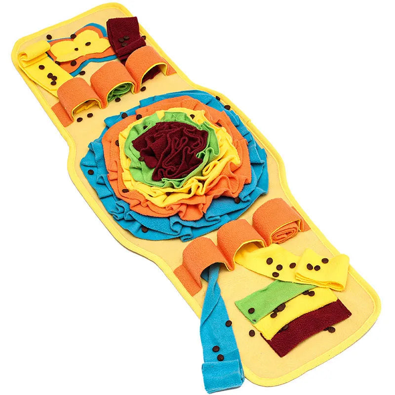 Watch-style dog training mat in blue and yellow, anti-slip base for slow feeding and nosework