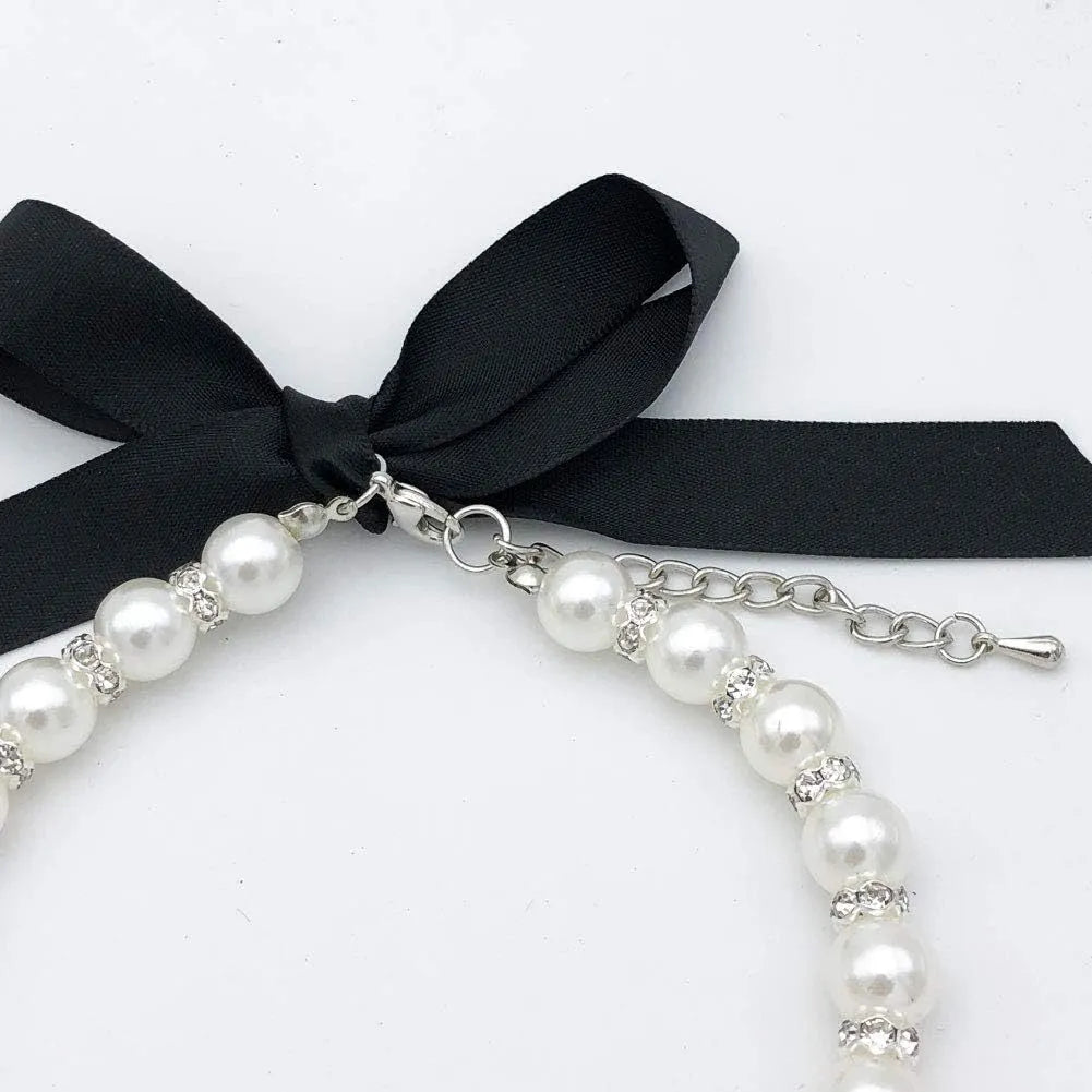 Small dog wearing a blue imitation pearl and rhinestone necklace with a ribbon bow.
