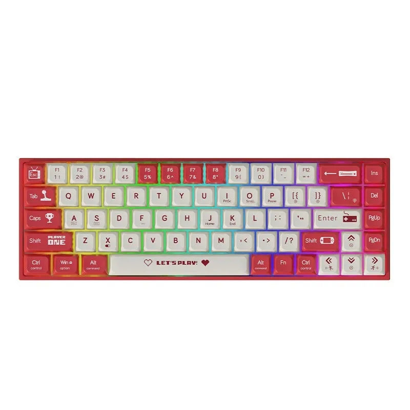 AJAZZ AK680 wired mechanical gaming keyboard in red and white colour scheme on a desktop.