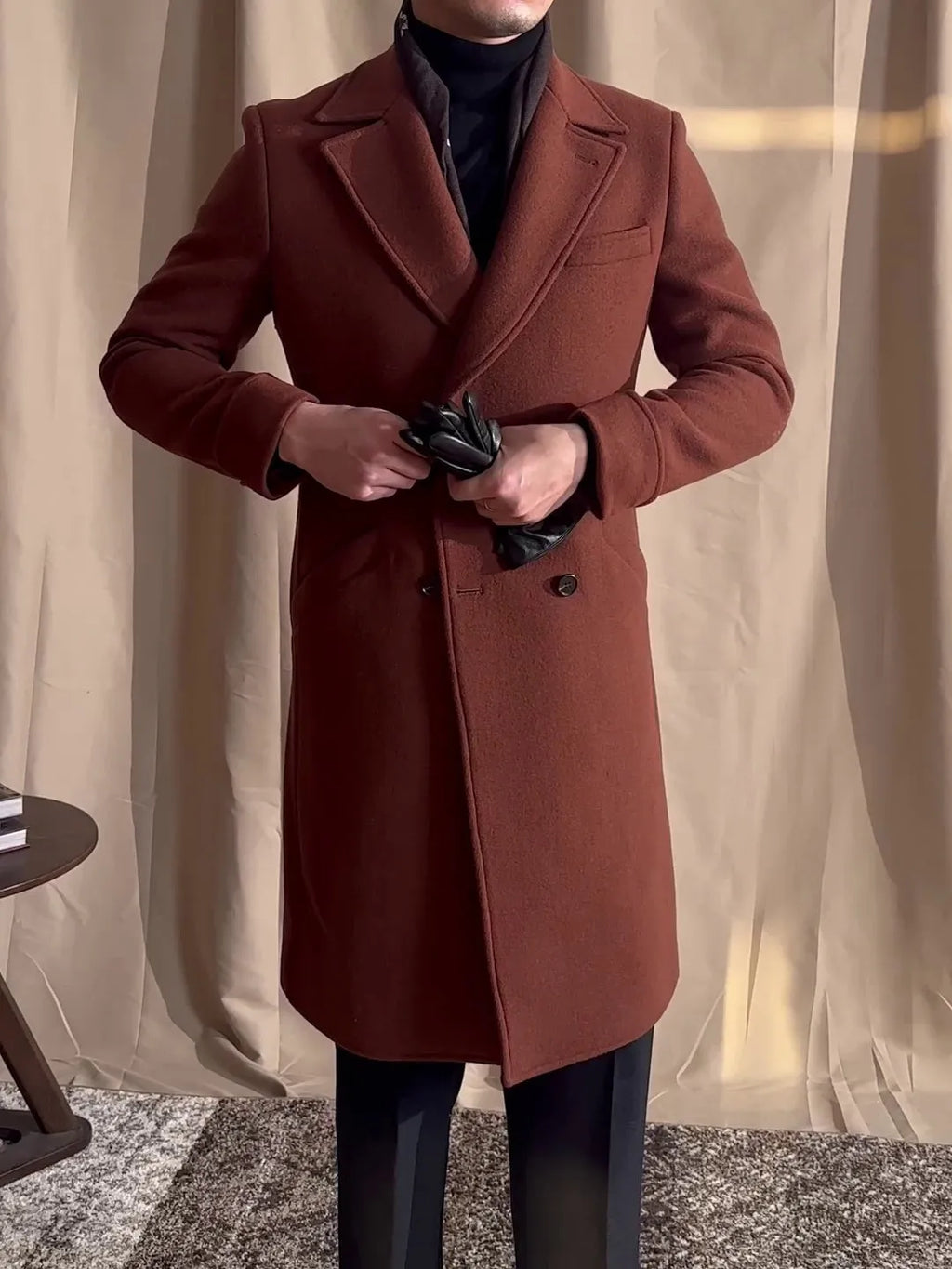 Caramel double-breasted mid-length wool overcoat with suit collar, 60% wool blend, sizes M to 3XL