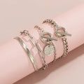 Set of 4 metal chain bracelets in gold or silver with snake bone and hollow chain designs