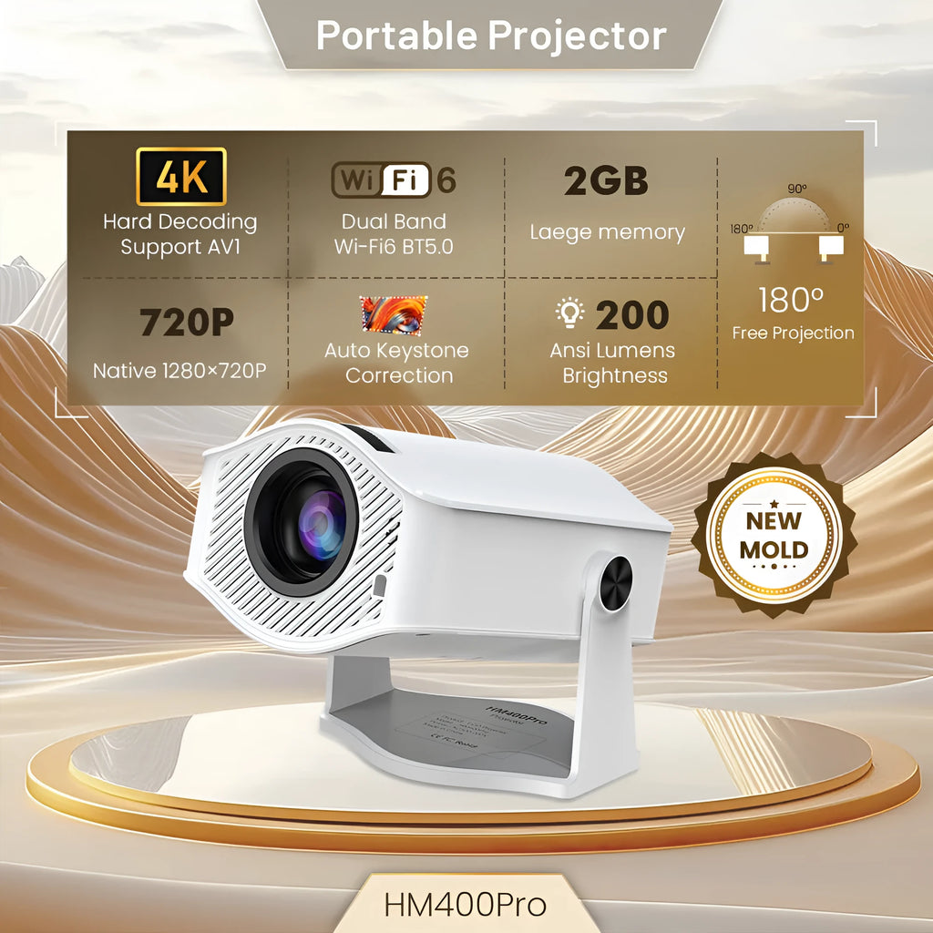 White portable 720p household projector with 1280x720 resolution, 200 ANSI lumens, 50W power, and US EU UK AU plug options