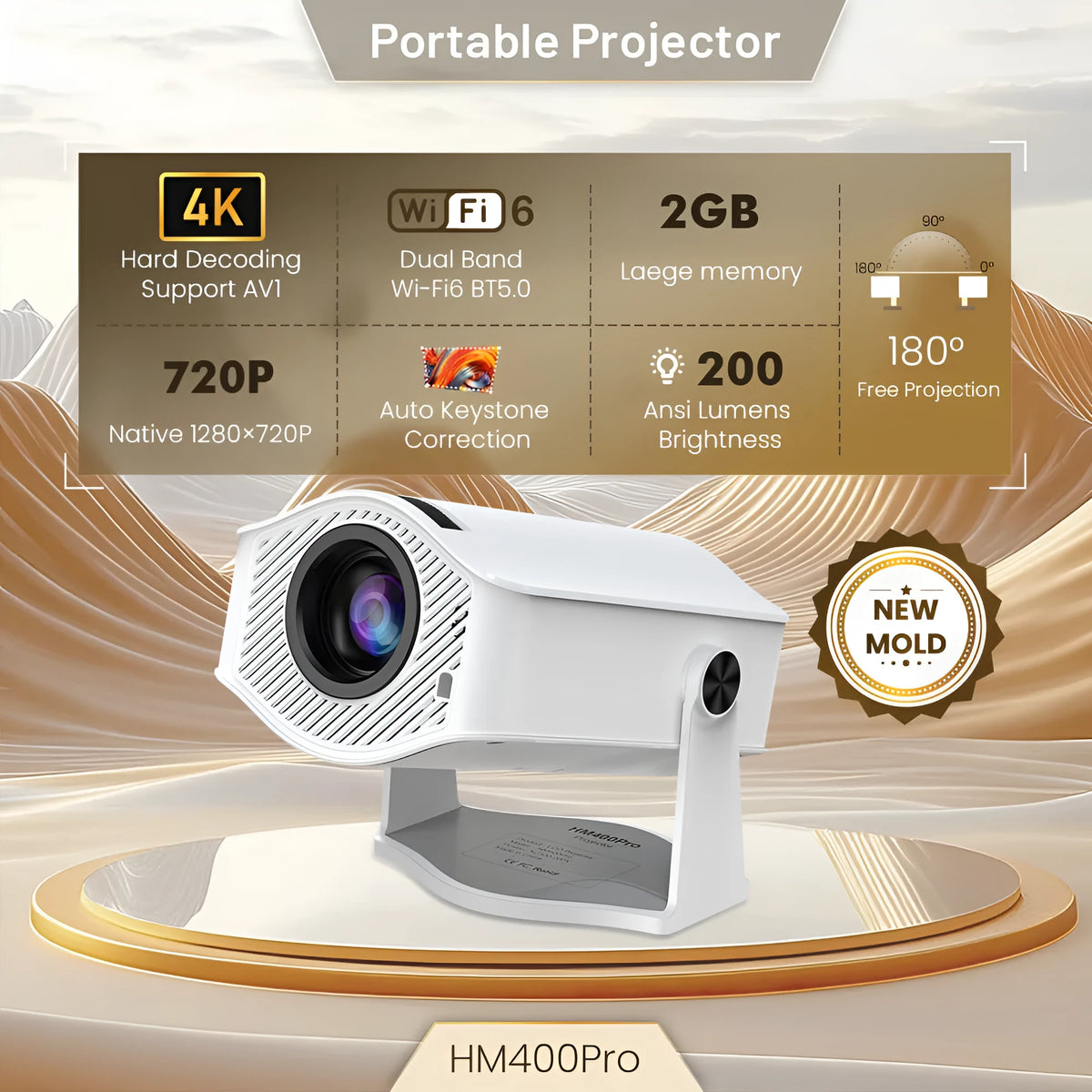 White portable 720p household projector with 1280x720 resolution, 200 ANSI lumens, 50W power, and US EU UK AU plug options