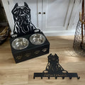 Personalised dog bowl holder with stainless steel bowl on iron stand showing custom name engraving