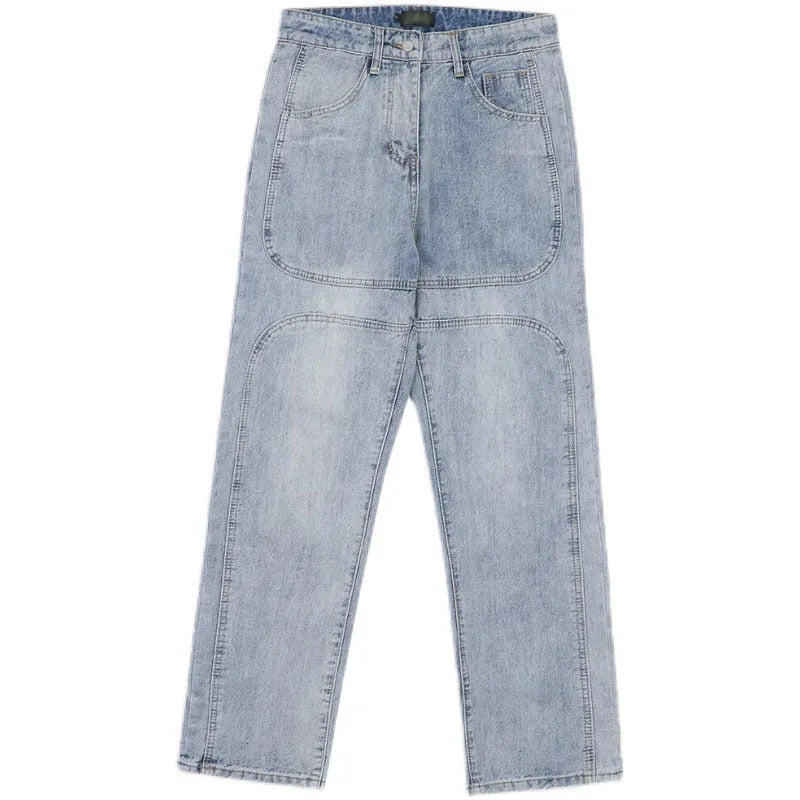 Straight leg retro wash jeans in blue, loose fit cotton denim, sizes S to 3XL