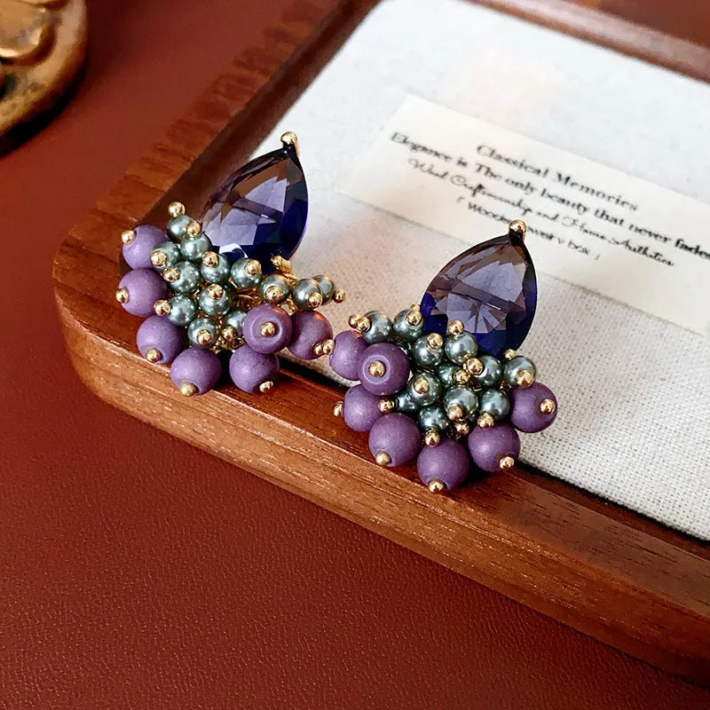 Retro alloy zircon tassel earrings in purple droplet colour with silver needle post