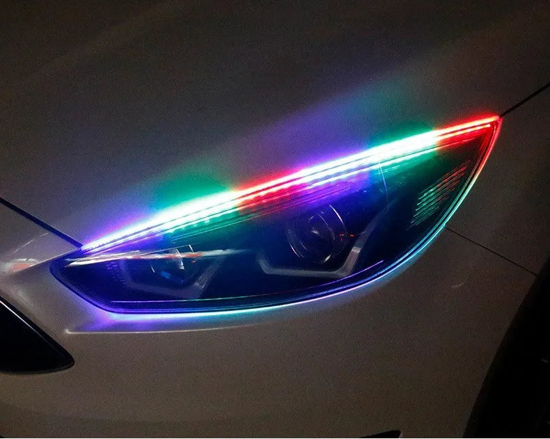 Universal LED daytime running lights with RGB colourful streamer turn signals and remote control for vehicles