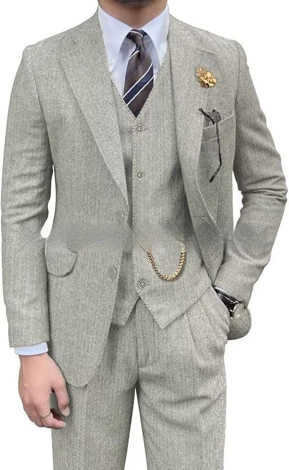 Men's wool slim fit three-piece set with jacket, vest, and trousers in light business style