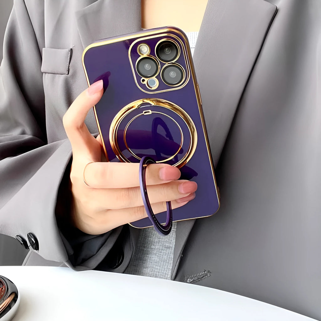 Magnetic suction rotating stand phone case for iPhone in electroplated finish, available in black, white, pink, dark purple, green, blue
