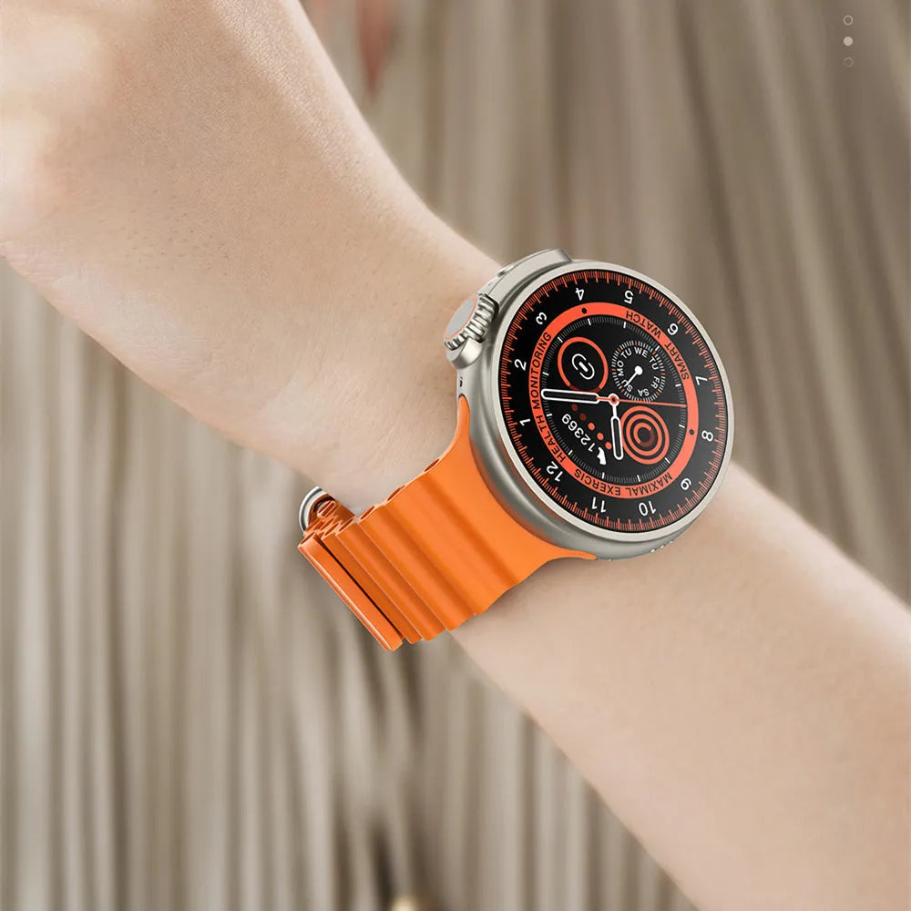Black K9 smartwatch with round screen on a silicone strap, showing a fitness tracking display.