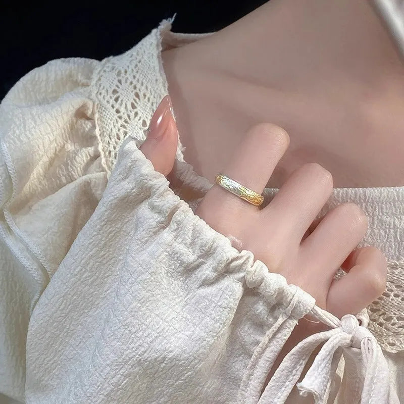White copper open mouth ring with Xiangyun pattern, geometric fairy style, and silver gold electroplated finish.