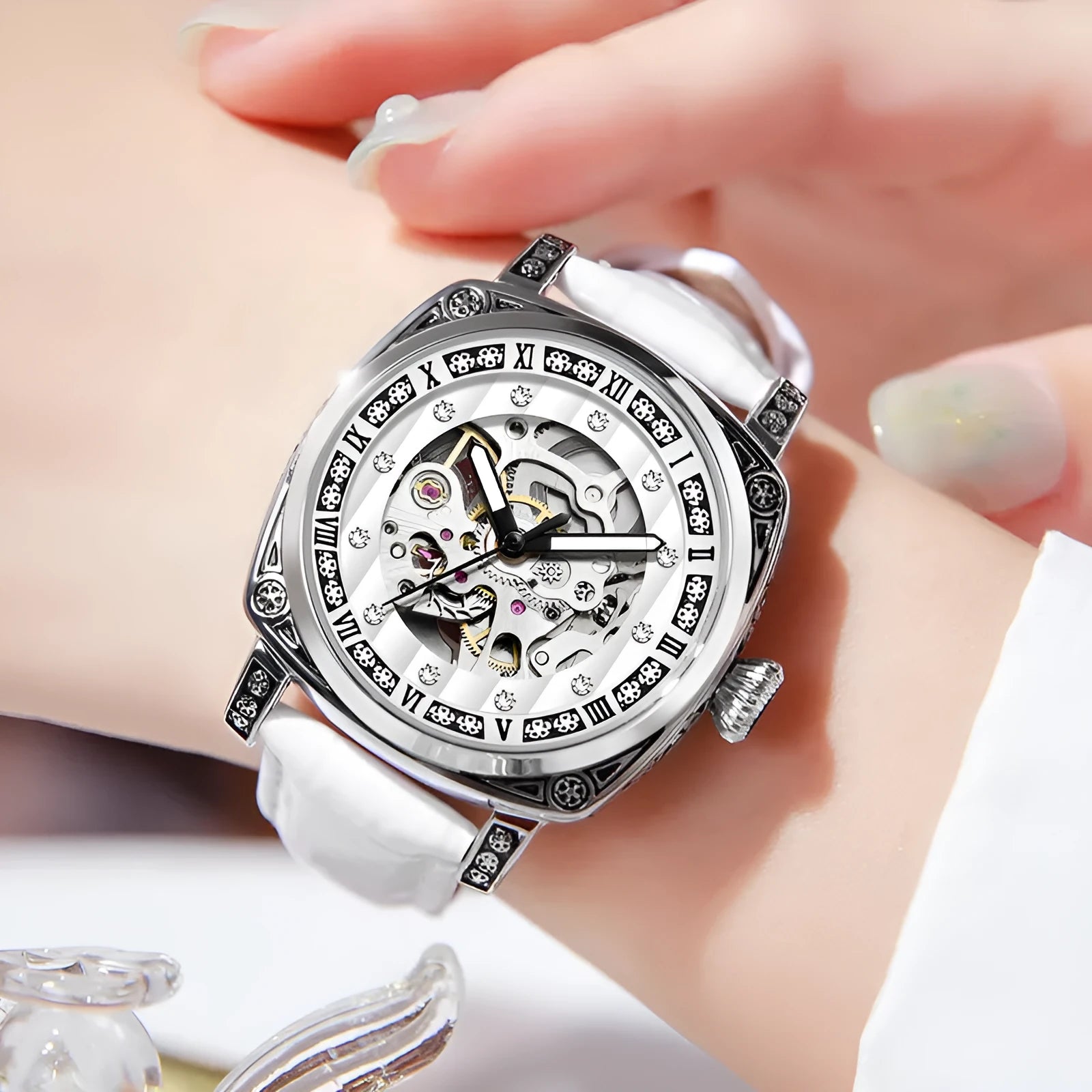 Mechanical wrist watch with luminous hands and leather strap in multiple colour options