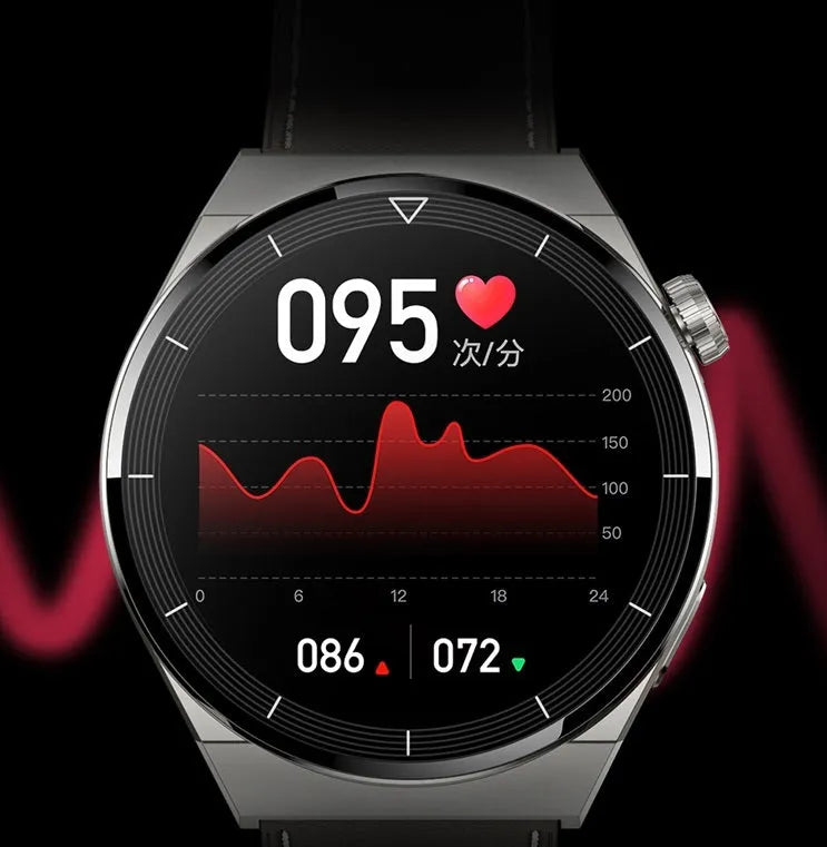 Round black smart watch with silicone strap displaying a home screen on its colour display.