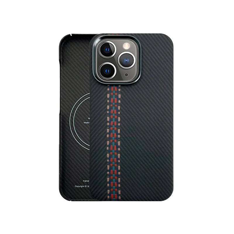 Carbon fibre Kevlar all-inclusive phone case with magnetic ring in red for iPhone 15 Pro Max
