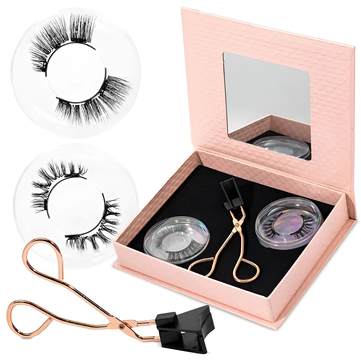 Three pairs of black quantum magnetic false eyelashes with ice silk hand-leg hair and a quantum eyelash curler.