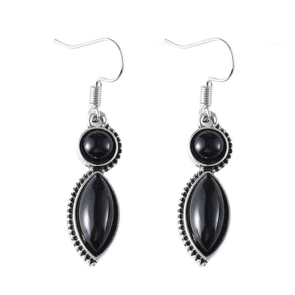 Geometric zinc alloy drop earrings with electroplated black and purple finish, retro bohemian style.