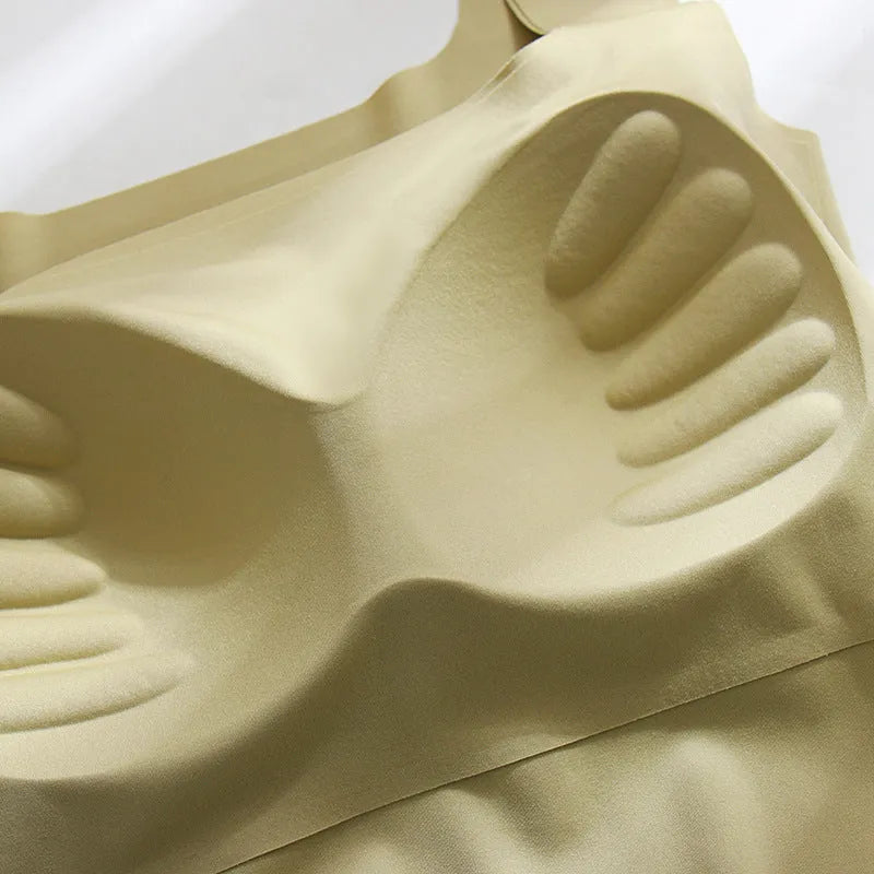 Women's seamless non-marking sling vest in light blue with integrated chest pad for light sports.