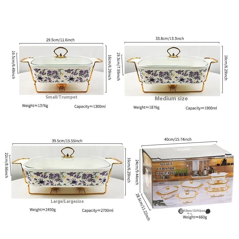 Ceramic soup pot binaural hot pot, porcelain, rectangular, electroplated finish, lemon pattern, in gift box with three pieces