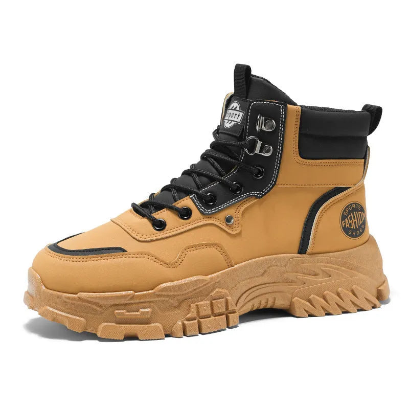 Men's black and yellow high-top Martin boots with a mid heel on an injection moulded sole.